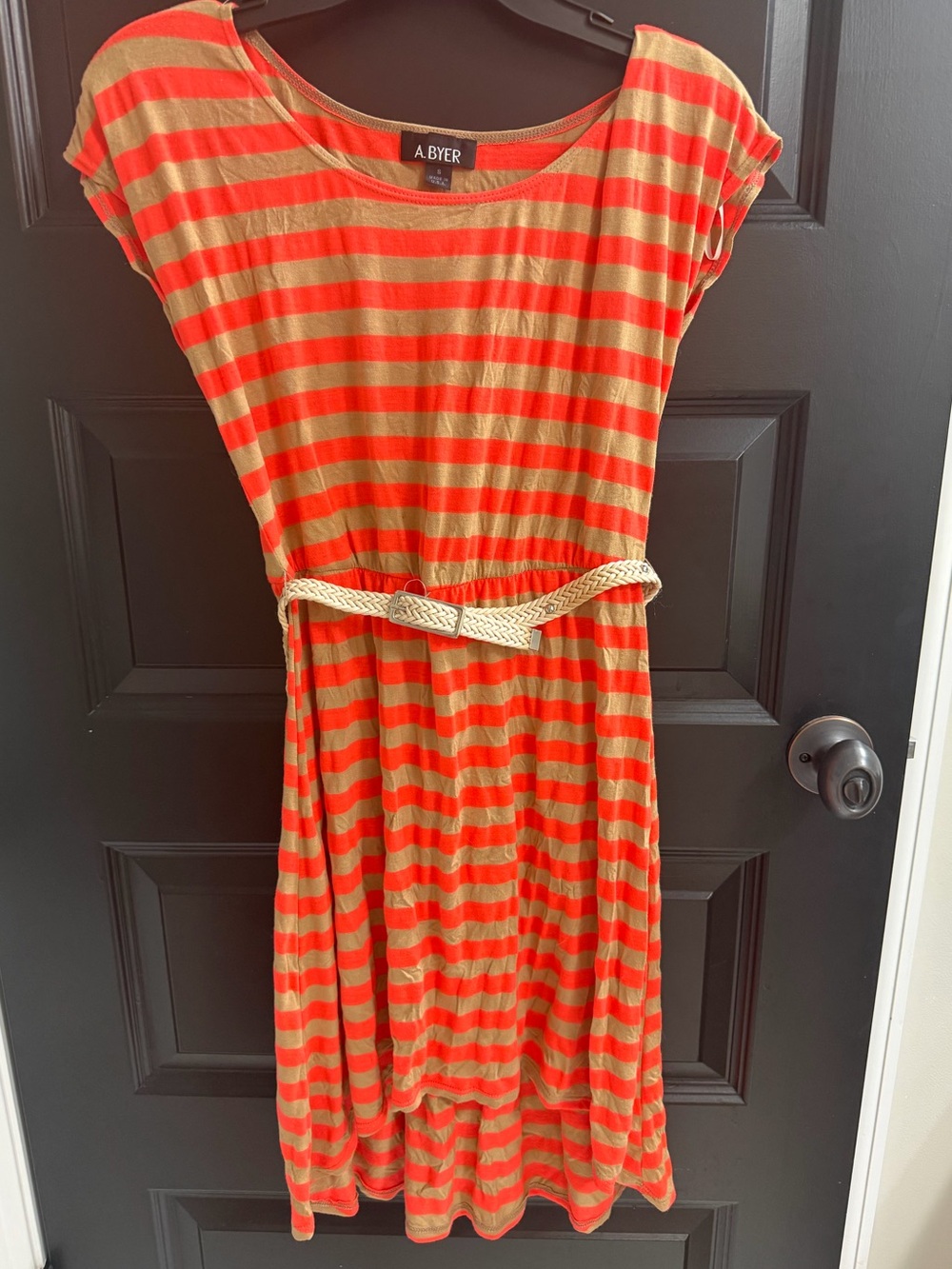 A. Byer Striped Belted Midi Dress Size S Orange Tan Made in USA
